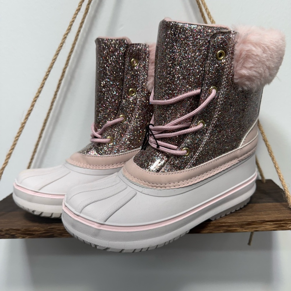 Sparkly Pink Rain and Snow Boots with Fuzzy Pom-Pom